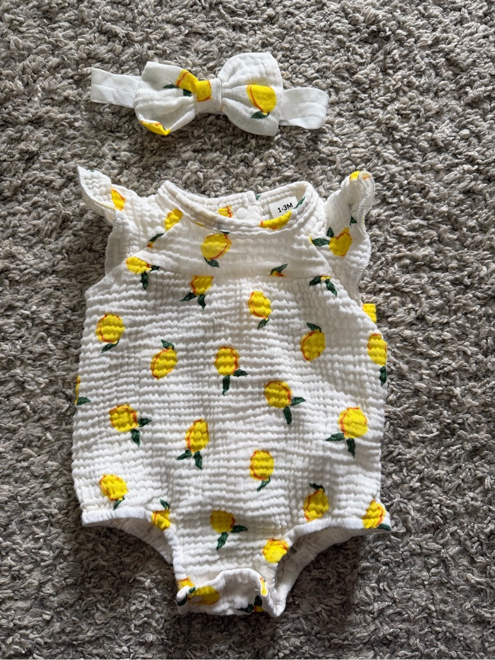 White Baby Romper with Yellow Lemon Print and Matching Headband